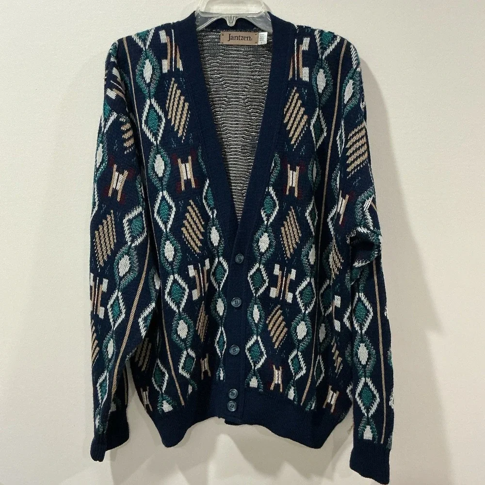 Vintage Jantzen Cardigan Sweater Men Large Blue Beige Knit Grandpacore Academia